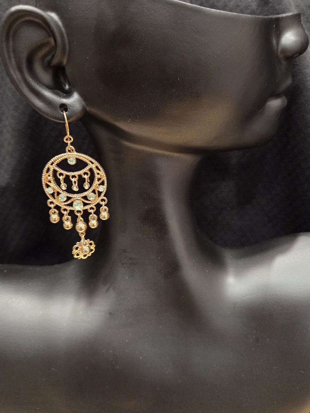 Gold Filigree Dangle Earrings with Green Accents - Women Jewelry